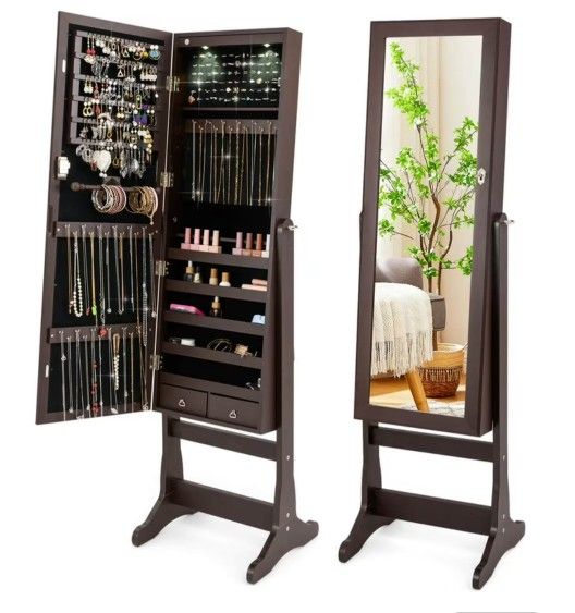 Full Length Freestanding Jewelry Mirror Armoire w/Velvet Interior