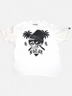 Y2K Vintage Fatal Skull Palm Tree Crossbones California 2000s Metal Mulisha Style White T Shirt - Size XL #goth #emo   Measurements:  Pit to pit - 22i