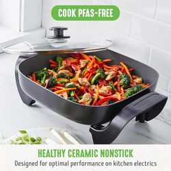 GreenLife Healthy Ceramic Nonstick, 12" 5QT Square Electric Skillet with Glass Lid, Dishwasher Safe, Adjustable Temperature Control, PFAS-Free, Black