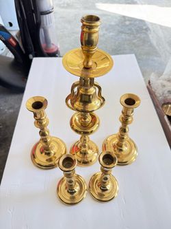 Vintage Brass Candle Holder 5 Pcs/Set 1pc 15" 1/2 Tall, 2pcs 9" Tall,2pcs 7"Tall.