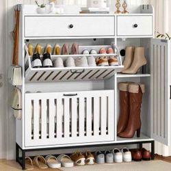 Modern White Shoe Cabinet with Storage Drawer & Boot Space