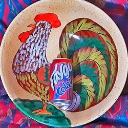 Huge Italian pottery rooster country primitive farm house mixing bowl or salad bowl made in italy.   VINTAGE.  No damage or wear !