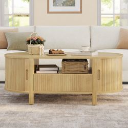 47.2'' Oval Coffee Table With Storage, Fluted Accent Center Table With Draw And Sliding Tambour Doors