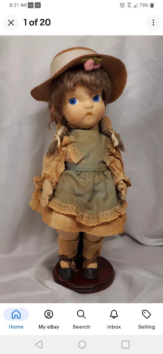 **Rare & Great Condition**Antique 15" Lenci Doll **1930s** cloth doll side eyes Antique outfit on stand .**