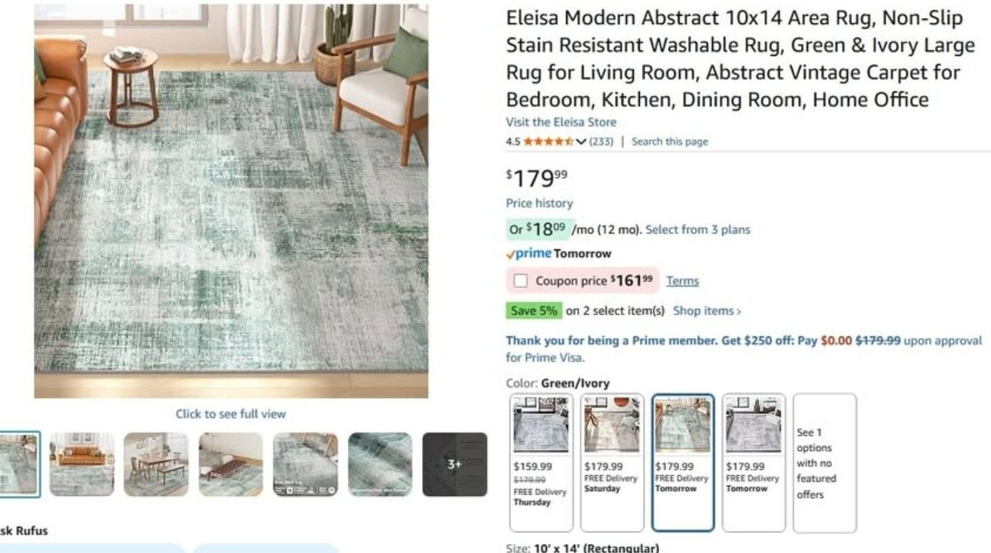 New Green & Ivory Modern Abstract 10x14 Area Rug, Non-Slip Stain