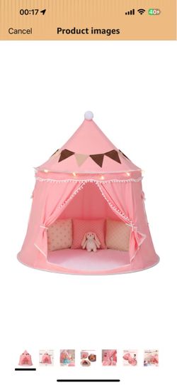 Brand new Play Tent with Padded Mat, Star Lights and Flags, Large Princess Tent Kids Play Tent, Indoor Outdoor Game Playhouse, Portable Children Yurt 
