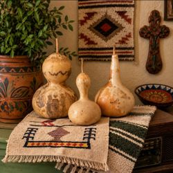 Vintage Mexican Textile & Wool Woven Runner With 3 Gourds-Set