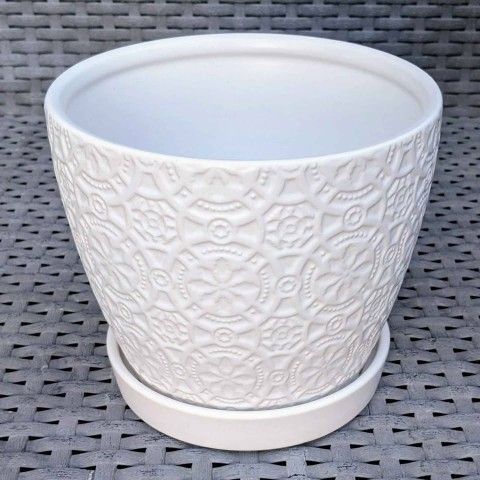 5"H x 5.5"W white round textured geometric design ceramic flower pot succulent planter with saucer