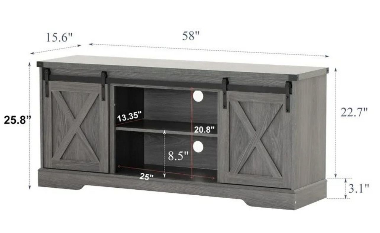 58” Farmhouse Coffee Bar Cabinet With Sliding Barn Doors. Heavy Duty Sideboard Buffet Cabinet Kitchen Storage (Grey)