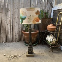 Mid-Century Modern Hollywood Regency Larry Austin Greek Column Lamp – 37” with Hand-Painted Shade  Description: Vintage Larry Austin lamp, 37 inches t