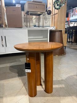 19.5”H-Round Walnut Wood Accent Side Table with Triple Pillar Base
