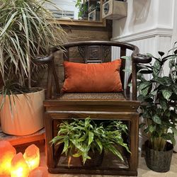 Vintage Dark Wood Rattan Seat Carved Floral Square Round Back Intricate Ornate Decorative Chair  