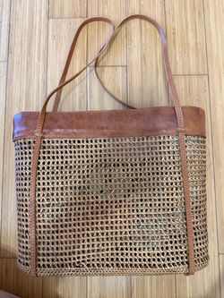 New Woven Straw Tote Bag with Leather Trim