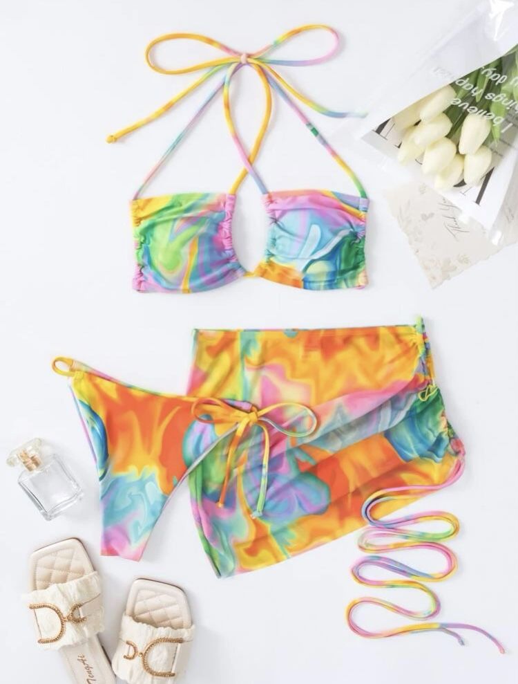Brand New Tie Dye Halter Bikini Swimsuit Set With Cover Up Skirt Size XL