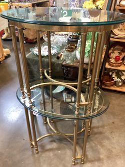 Vintage oval glass & brass side table – two available $100 EACH
