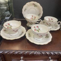 Vintage Rose Pompador Rosenthal German China Teacups And Saucer Set 4 
