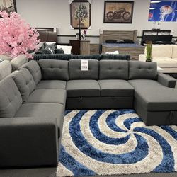 Dark Gray Sofa Sectional w/ Pull- Out Sleeper & Storage In Chaise 