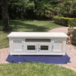 74” TV Console Table In Distressed White - Excellent Condition