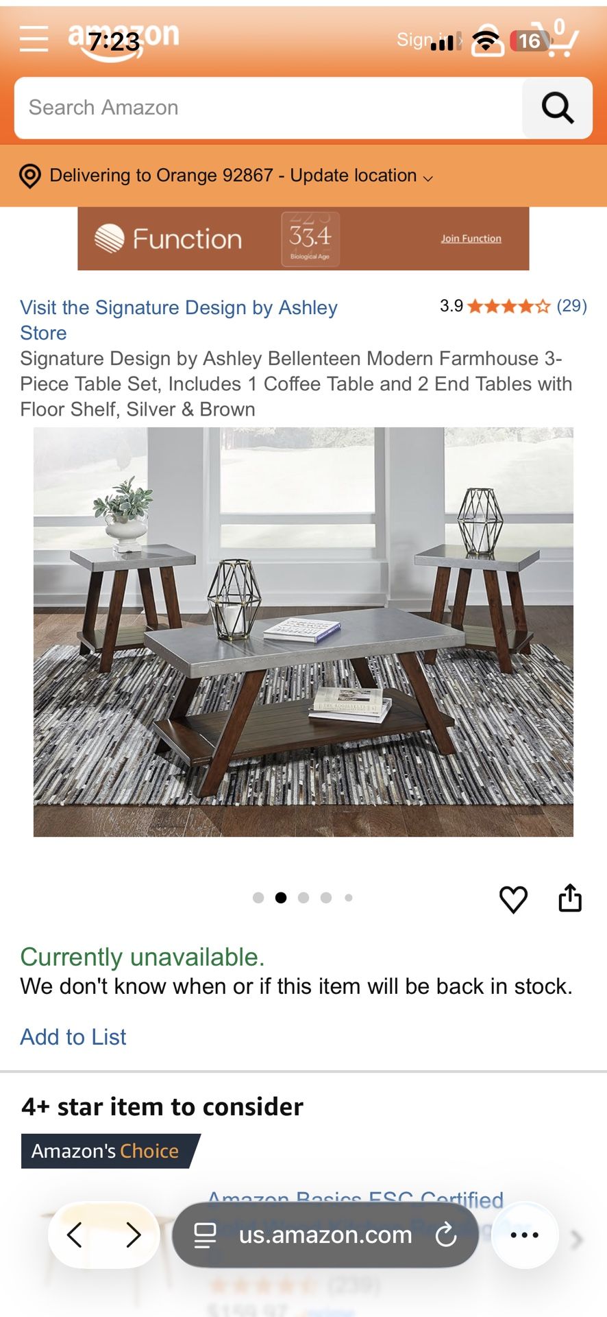 Ashley farmhouse coffee and 2 end tables (retail $350)