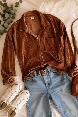 Women’s Brown Velvet Button Down Shirt M