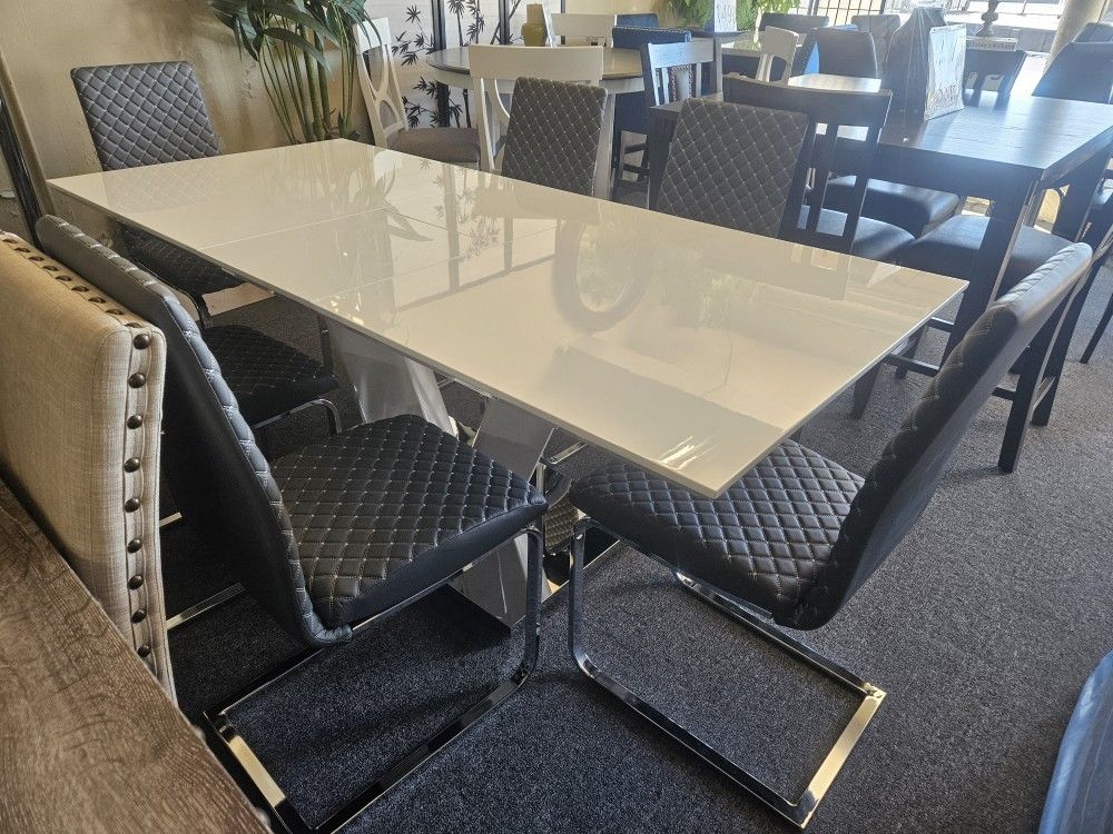 Brand New White Glass Modern Dining Table + 6 Black Faux Leather Chairs
