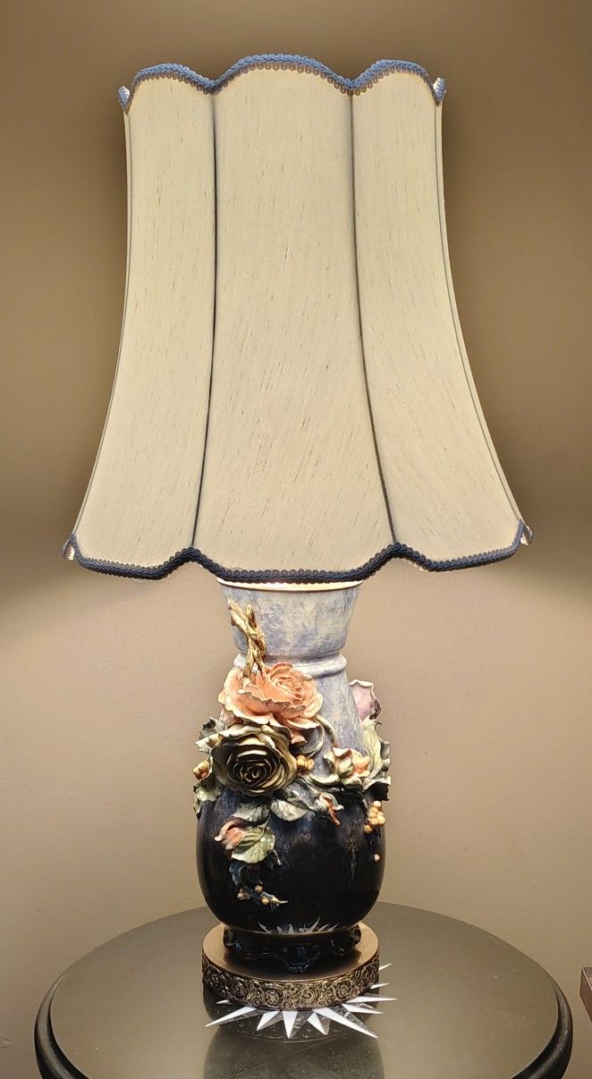 19th Century French Barbotine Majolica 15" Ecole Flower & Vine Floor Vase - 30" Double Socket Lamp