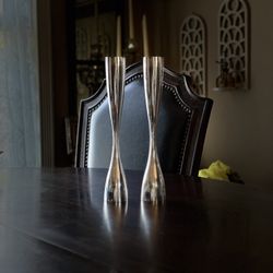 Vintage Nambe Studios MCM Silver Metal Hourglass Candle Sticks 6031 Signed 11.5"