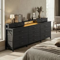 ‼️NEW ON BOX ‼️ 27 INCH TALL Black 12 Drawer Dresser with LED Lights Charging Station Power Outlets 55 inch Wide Fabric Storage Chest Wood Top with 2 