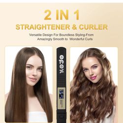 Titanium Flat Iron Hair Straightener and Curler, 2-in-1 Ion Hair Styler with Digital LCD Display, Dual Voltage Instant Heating for Professional Straig