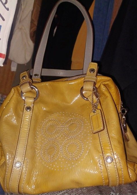 Coach Aubrey Patent Leather Satchel Handbag Purse Orange/Brown 45570 Pre-Owned