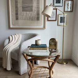 Vintage Mid-Century Rattan & Bamboo Side Table with Round Glass Top – 22”  