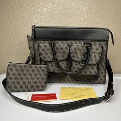 Vintage Dooney Bourse Double Pocket Tote Gray Black Trim Handbag Purse Wallet
