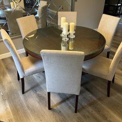 Solid Wood Round Dining Tabled 52”(+ Glass Top) And Six Chairs