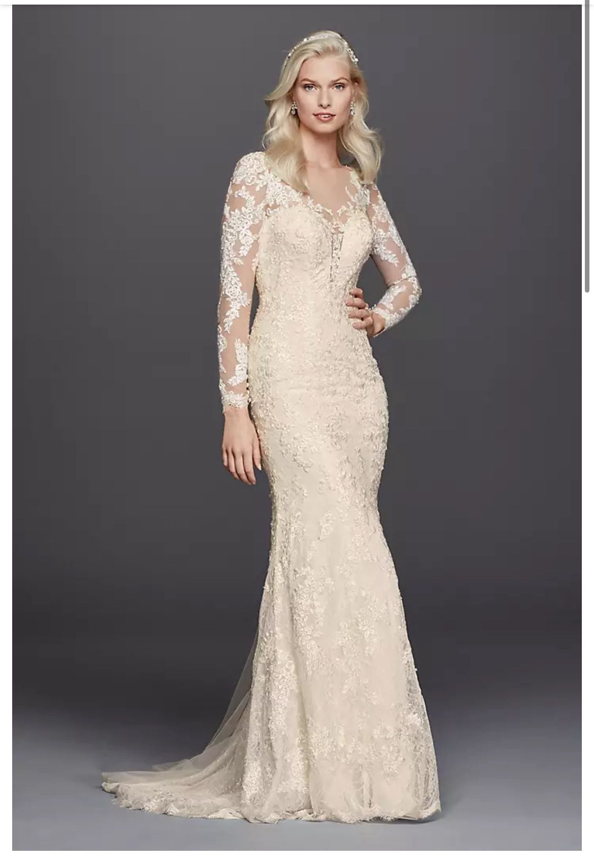 David’s Bridal Galina Signature Lace V neck Wedding Mermaid Dress Ivory color