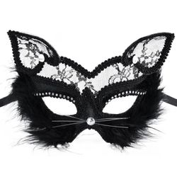 Venetian Masquerade Mask Women's Sexy Black Glitter Fancy Cat Lace Eye Mask (Black Cat Mask)