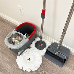 (Brand New) $35 (Combo Set) Broom Dustpan & Spin Mop Wheels Extended Handle with 2pc Microfiber Mop Heads