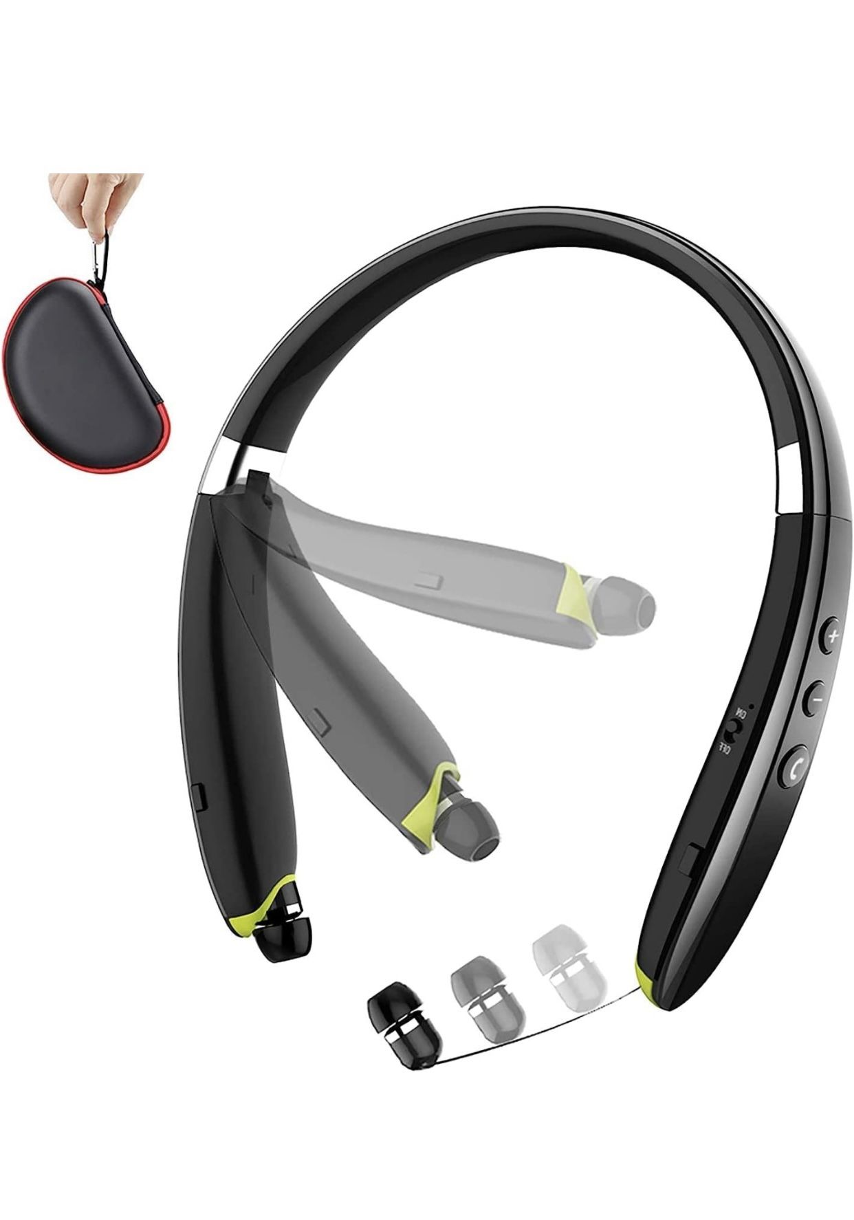 Neckband Bluetooth Headset with Retractable Earbuds, Noise Cancelling Stereo Earphones with Mic, Foldable Wireless Headphones for Sports Exercise