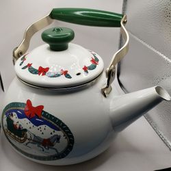 a vintage Mervyn's Holiday Tradition porcelain-on-steel tea kettle