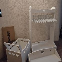 Kids Wooden Sweetheart Dress-up Rail With Hangers + Wooden Trolley + 2 Wooden Shelves