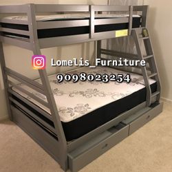 Twin/Full Gray Bunk bed w. Drawers & Ortho Mattresses Included 
