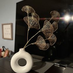 White Flower Vase With Gold Flowers / Floral Home Decoration 