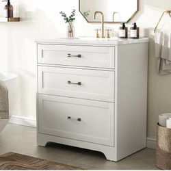 Amada 30″ Bathroom Vanity with Ceramic Sink, Modern Vanity with Storage Cabinet, 1 Tilt-Out Drawer and 2 Drawers, Deep and Sloped Single Sink, Easy As