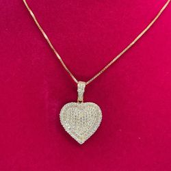 Heart Shaped Pendant W/ Box chain - Gold Over 925 Silver, Moissanite Diamonds 