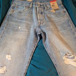 Levi's 501 Series Men's Distressed Light Blue Denim Straight Jeans, Button Fly