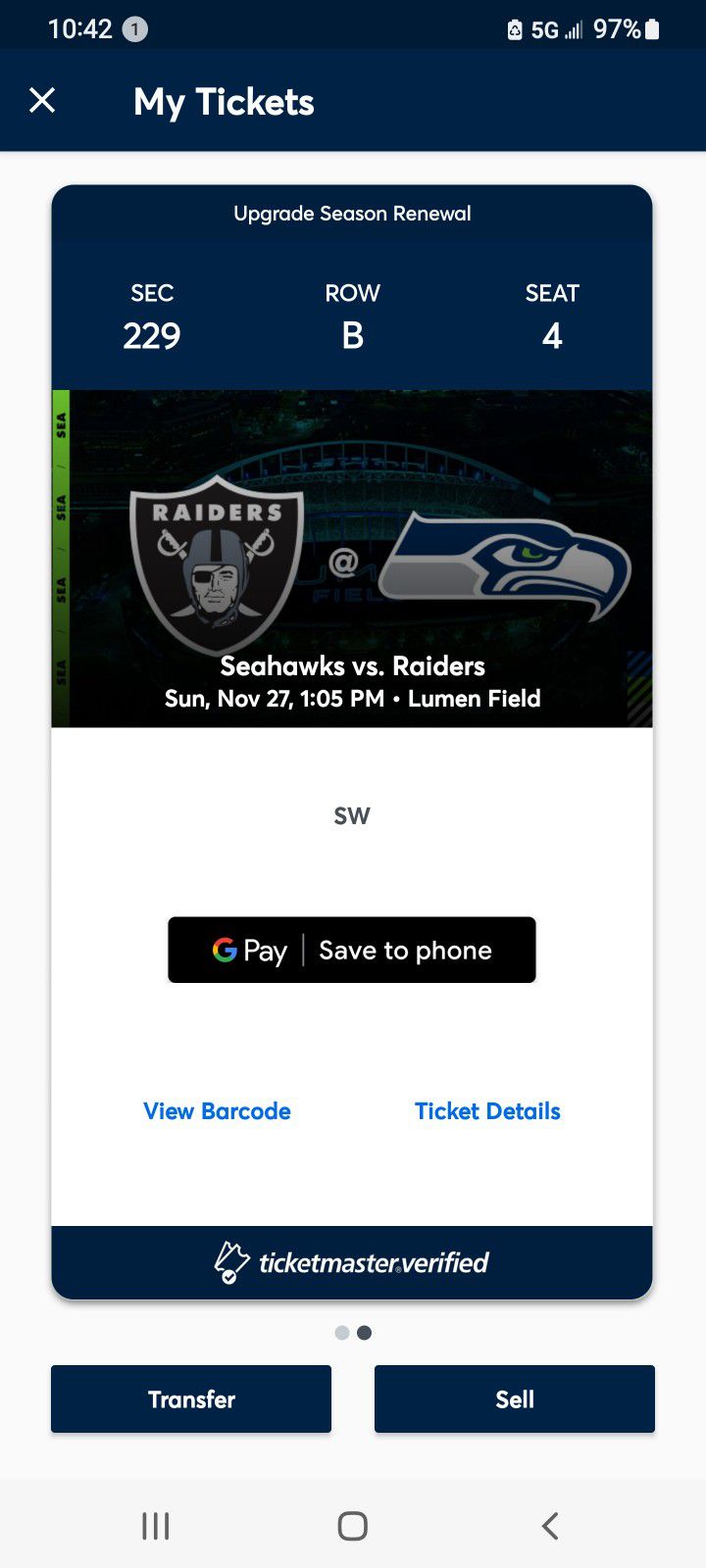 Seahawks Vs. Raiders (1 Ticket)