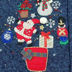 Vtg Women's M Embellished Santa Snowmen Presents Zip Christmas Cardigan Sweater 