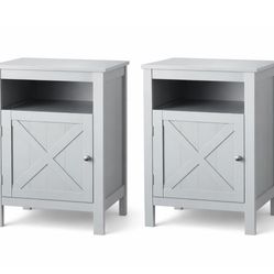 New RAAMZO Set of 2 Grey Finish Nightstand Side End Table with Barn Door Cabinet and Open Shelf 26" H