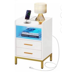 White & Gold Nightstand with Charging Station & LED Lights