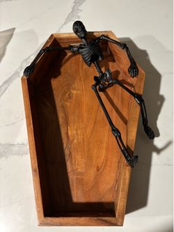 Gothic Wooden Coffin Skeleton Tray Wood Casket Halloween Decor Trinket Dish
