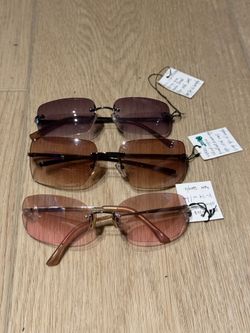 Set Of 3 Y2K Rimless Rectangle Sunglasses - Pink, Brown, And Black